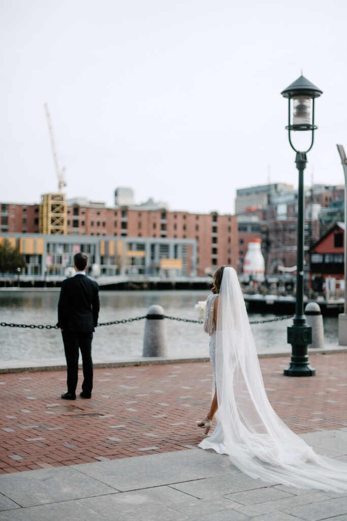 outdoor boston wedding first look bride and groom