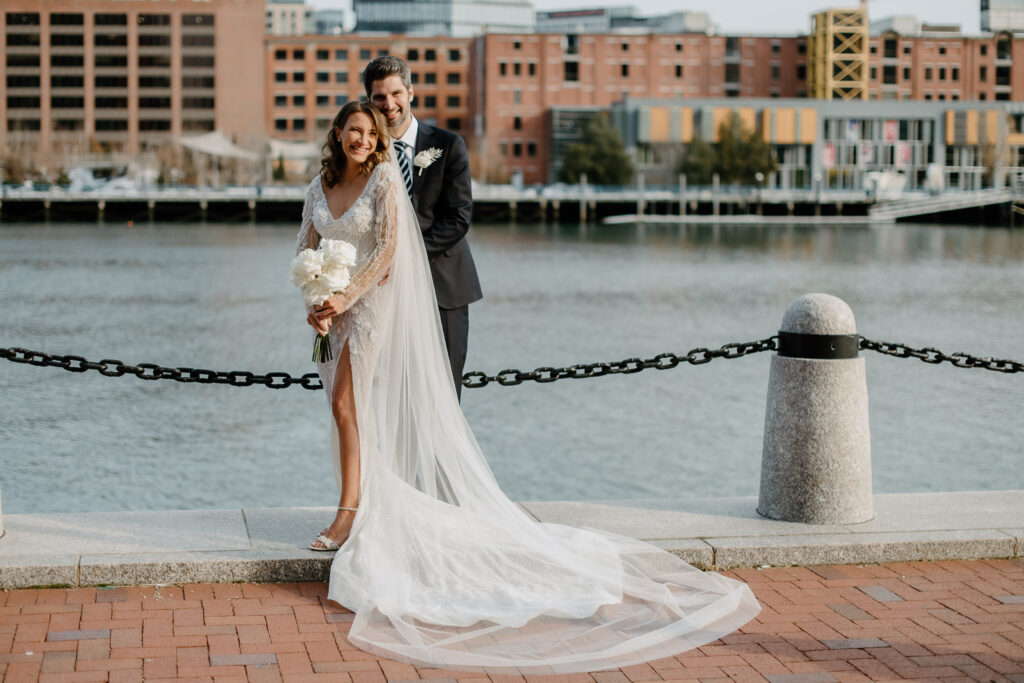 bride and groom bridal portraits boston harbor
