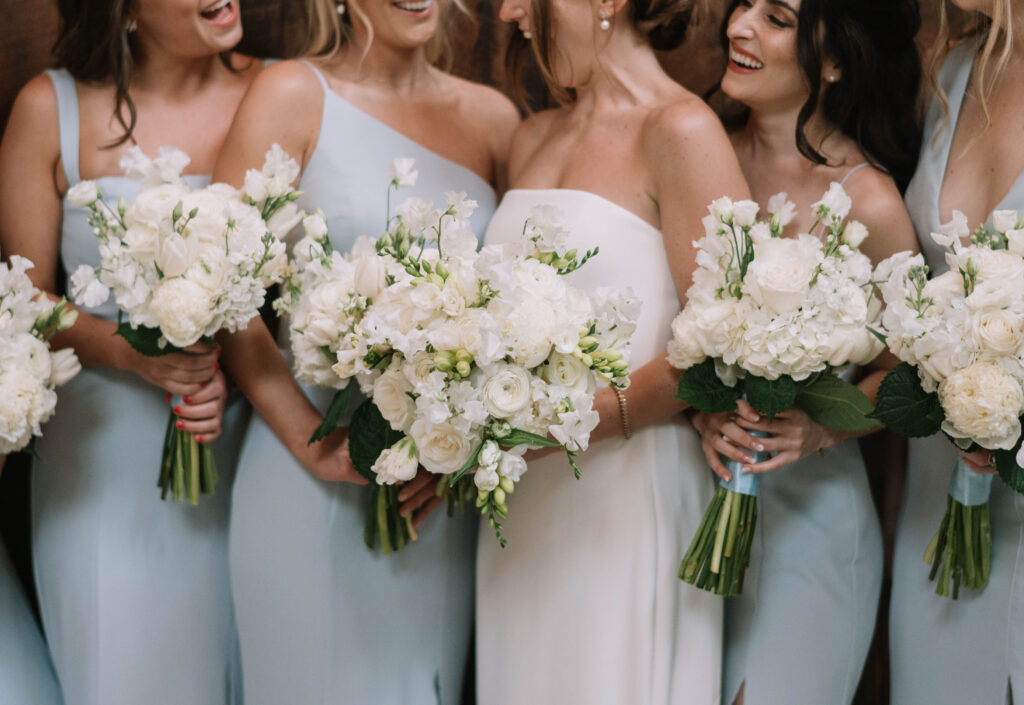 Summer White Airy Bride and Bridesmaids Bouquets with Touch of Blue