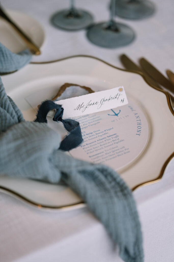 Nautical Blue and White Custom Cut Half Moon Menu Card for Wedding Guest Tables