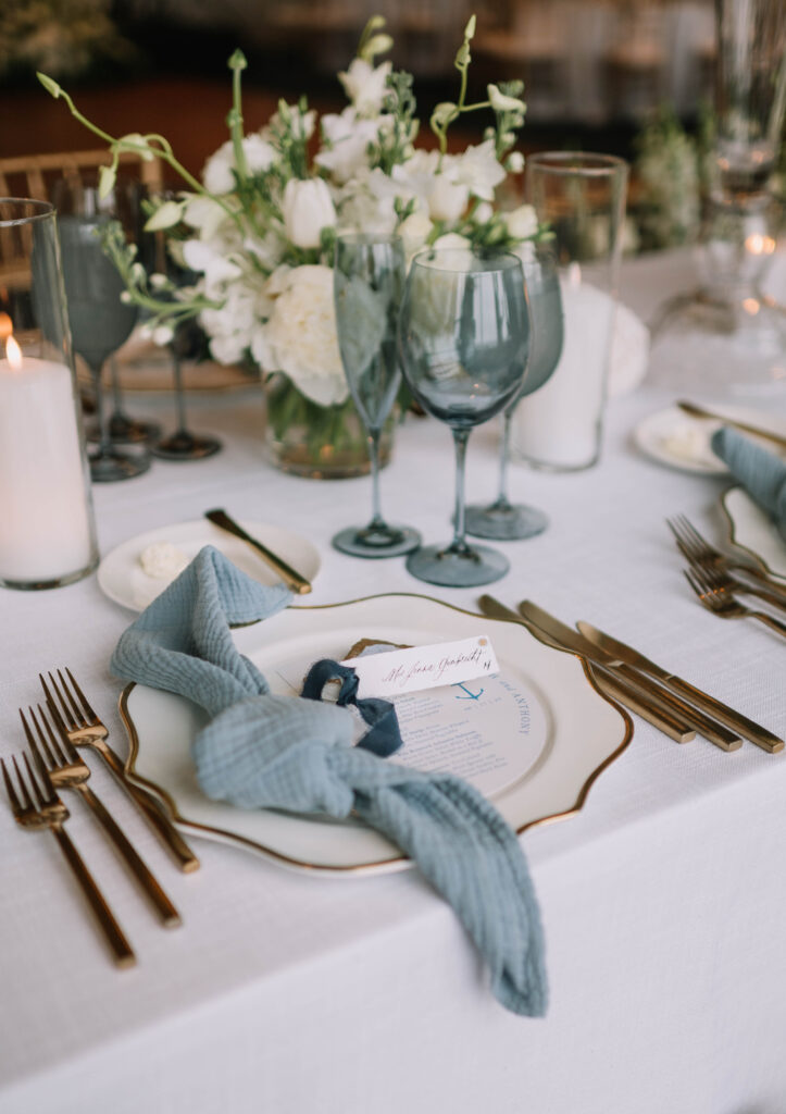Coastal Chic Wedding Head Table Blue Rentals with Gold Accents and White Blooms