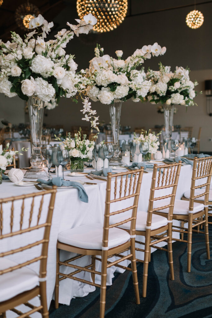 Cliff House Maine Atlantic Ballroom Wedding Reception Head Table Tall Romantic Centerpieces