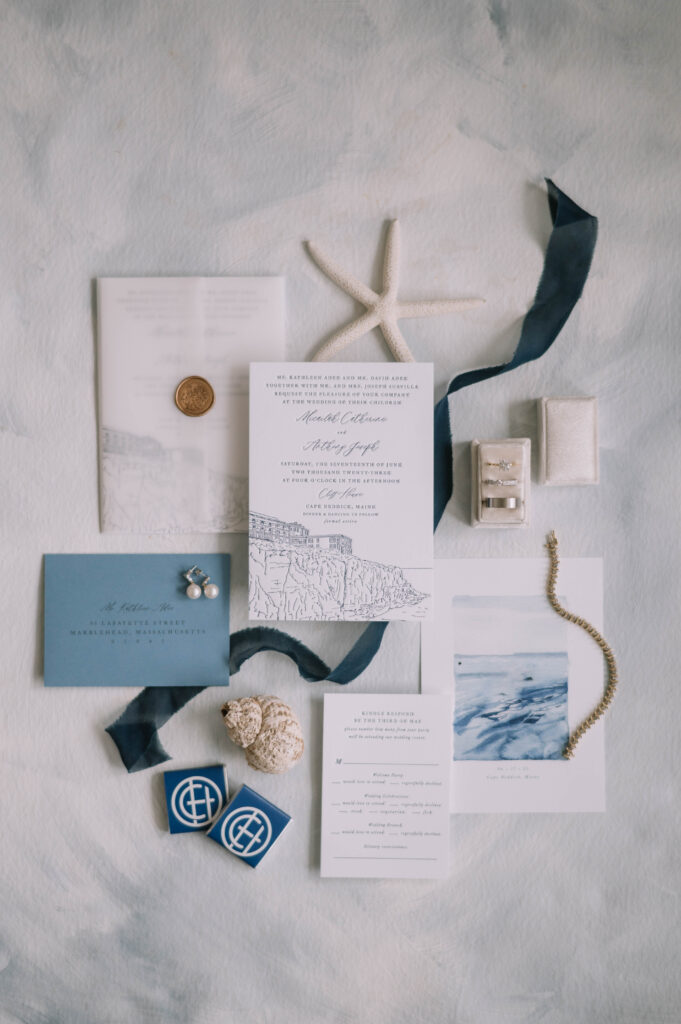 Cliff House Maine Summer Coastal Wedding Custom Letterpress Invitation Suite Flatlay Detail Shot