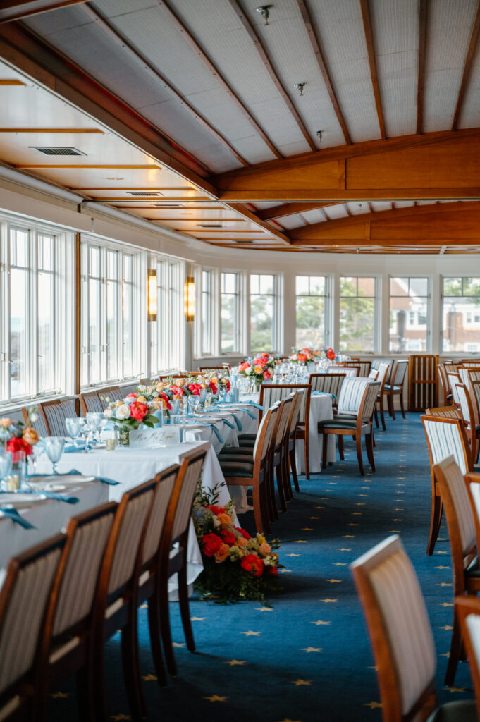 Corinthian Yacht Club Wedding Reception Details, Coral and Dusty Blue