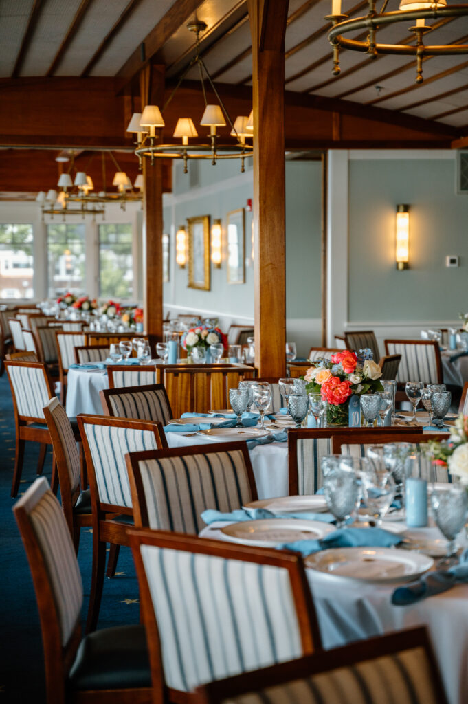 Corinthian Yacht Club Wedding Reception Details, Coral and Dusty Blue