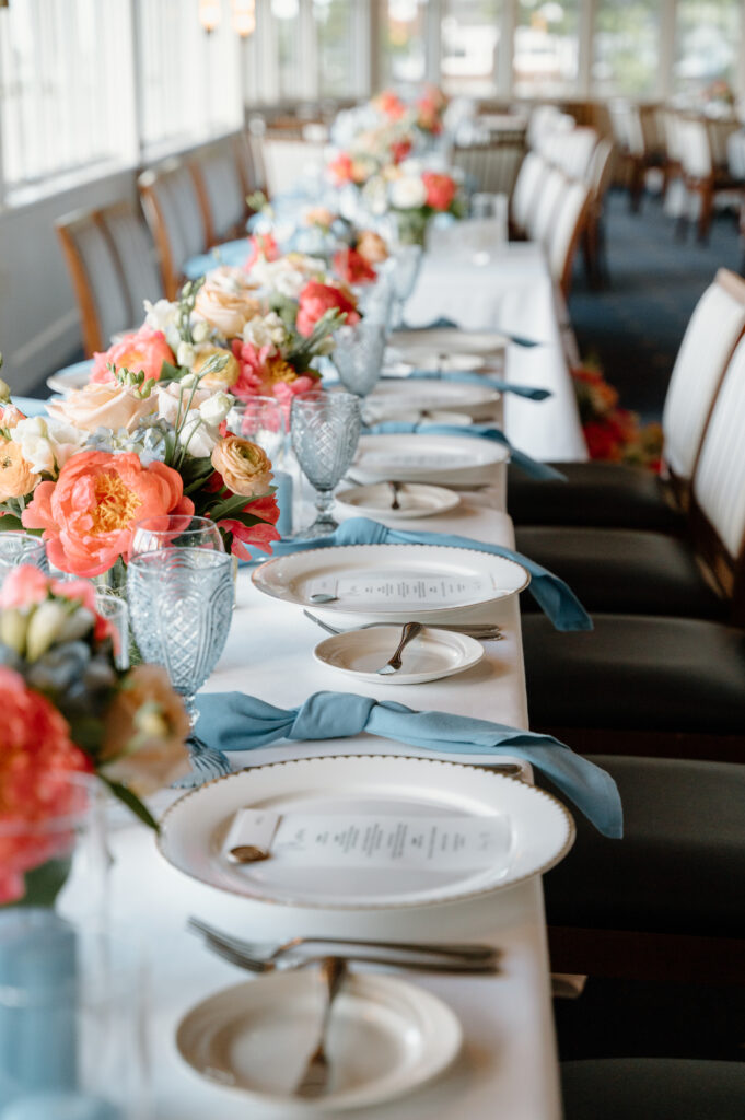 Corinthian Yacht Club Wedding Reception Details, Coral and Dusty Blue, Charger Plate, Menu Card