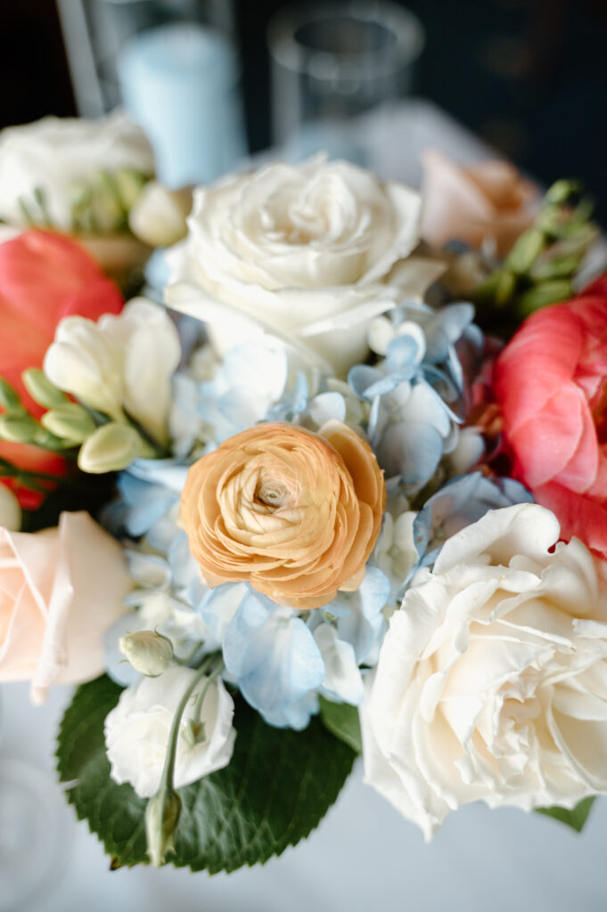 Corinthian Yacht Club Wedding Reception Details, Coral and Dusty Blue