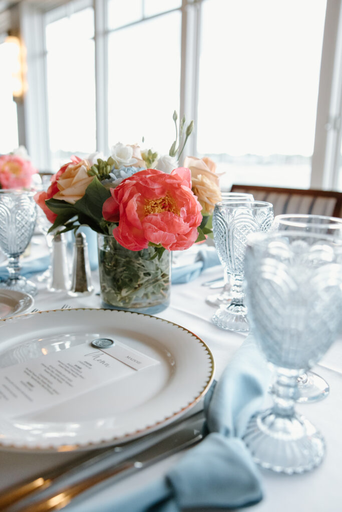 Corinthian Yacht Club Wedding Reception Details, Coral and Dusty Blue, Charger Plate, Menu Card