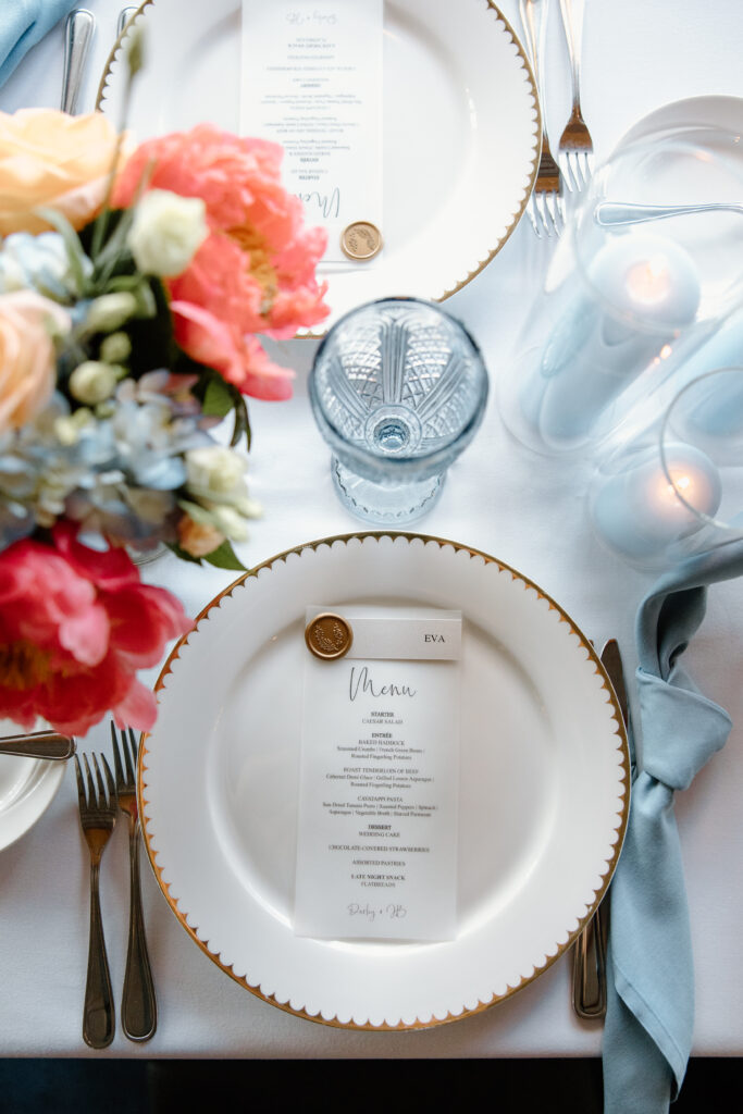 Corinthian Yacht Club Wedding Reception Details, Coral and Dusty Blue, Charger Plate, Menu Card