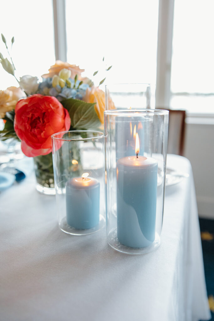 Corinthian Yacht Club Wedding Reception Details, Dusty Blue Candles