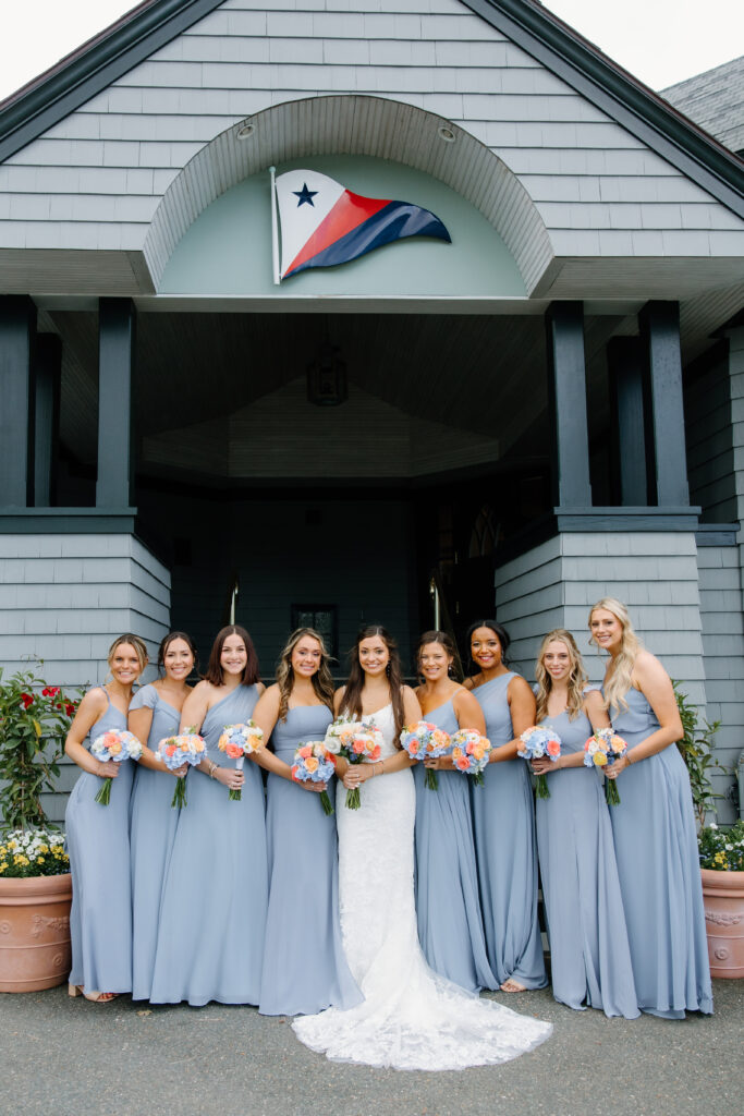 bridal party, dusty blue bridesmaids dresses