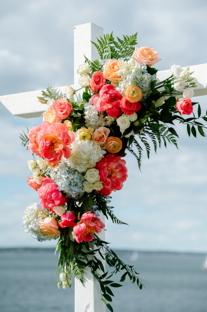 wedding flowers, wedding ceremony flowers, coral and dusty blue flowers