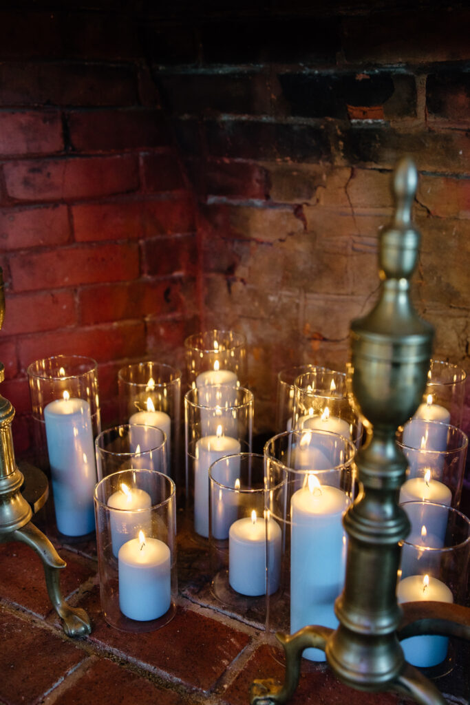 wedding reception details, candles, blue candles 