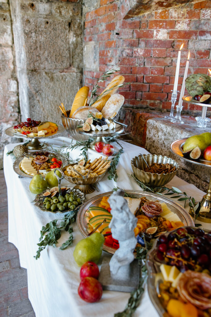 charcuterie grazing table wedding bride and groom 