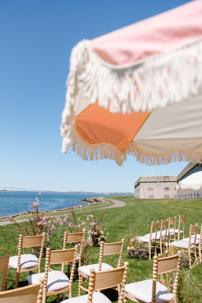pink wedding ceremony umbrellas