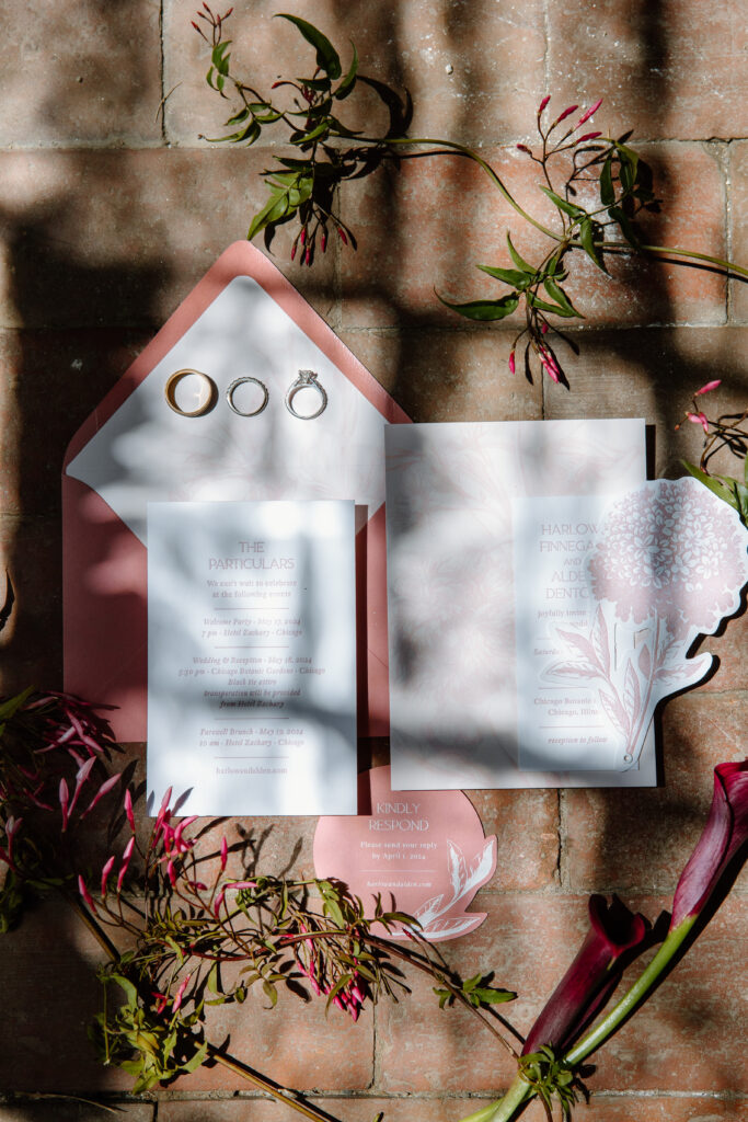 wedding invitation flat lay. pink hydrangea details